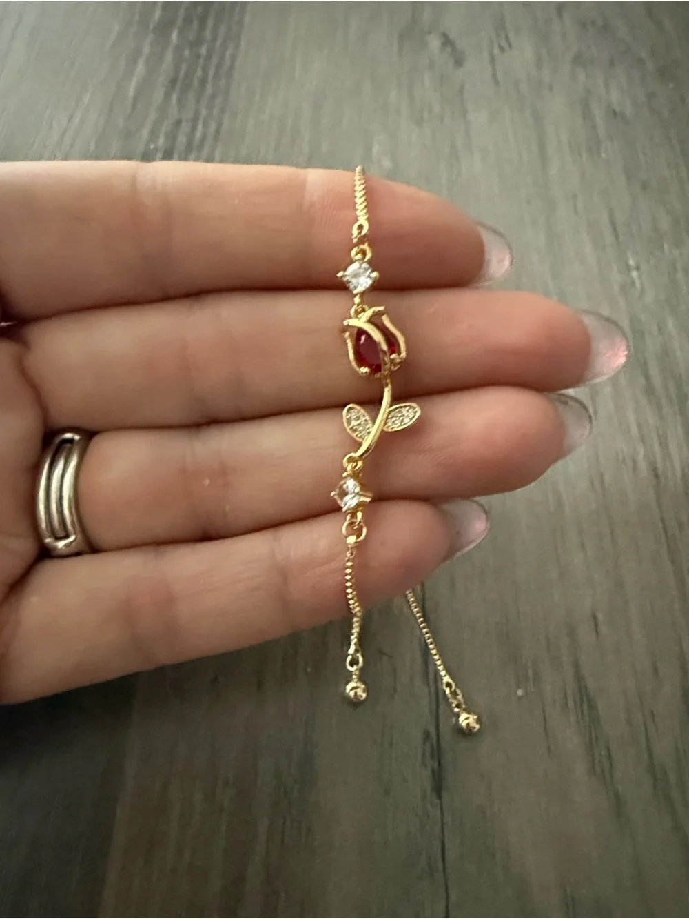 Dainty 14K Gold Plated Rose Bracelet with Red Gemstone Adjustable Jewelry
